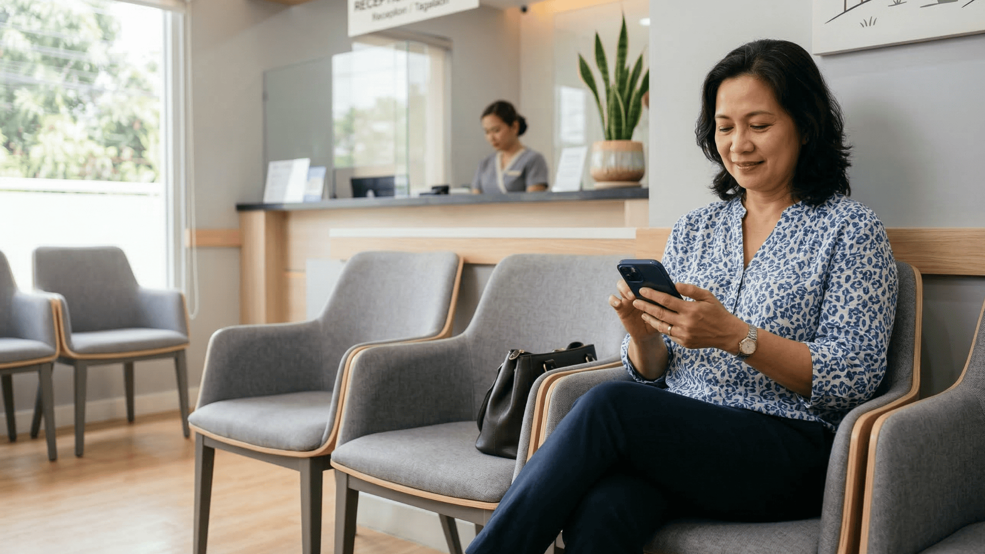 Patient completing digital intake form on smartphone before clinic appointment