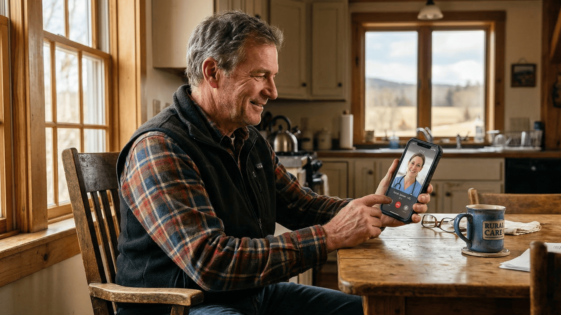 Rural patient joining a telemedicine video visit from home on a smartphone