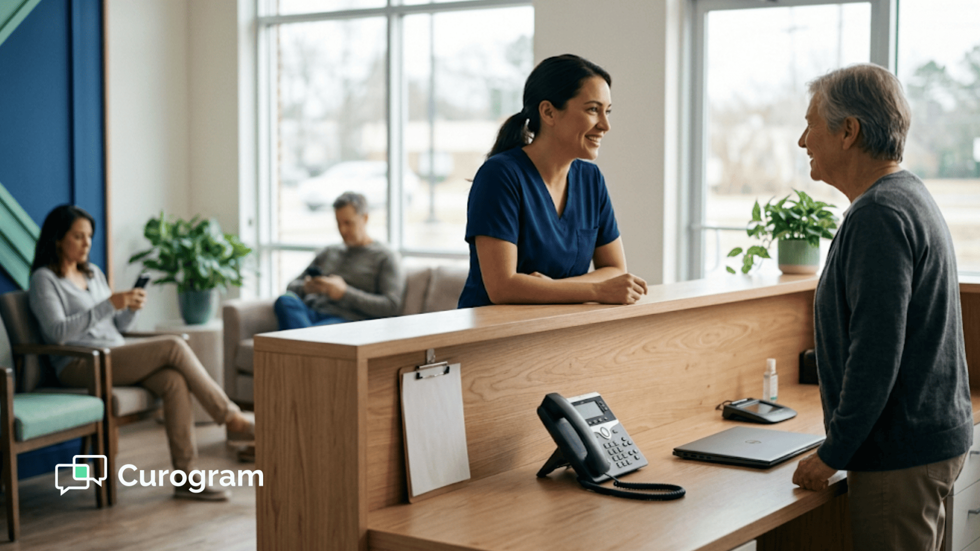 Clinic receptionist greeting a patient at a calm front desk after EMR integration