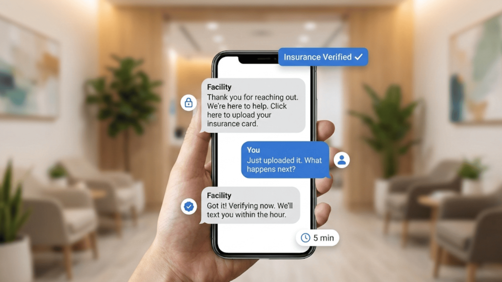 Infographic showing 4-hour timeline from lead submission to admission using behavioral health clinical texting