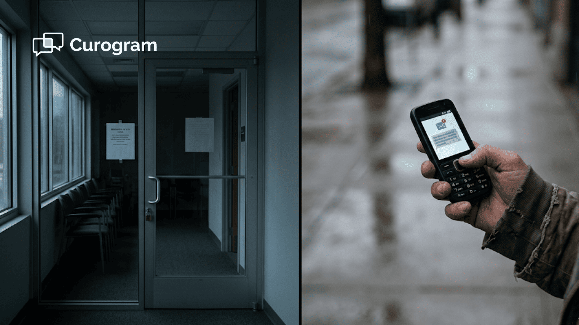Empty behavioral health clinic hallway with locked door next to a hand holding a basic cell phone receiving an emergency text alert in the rain