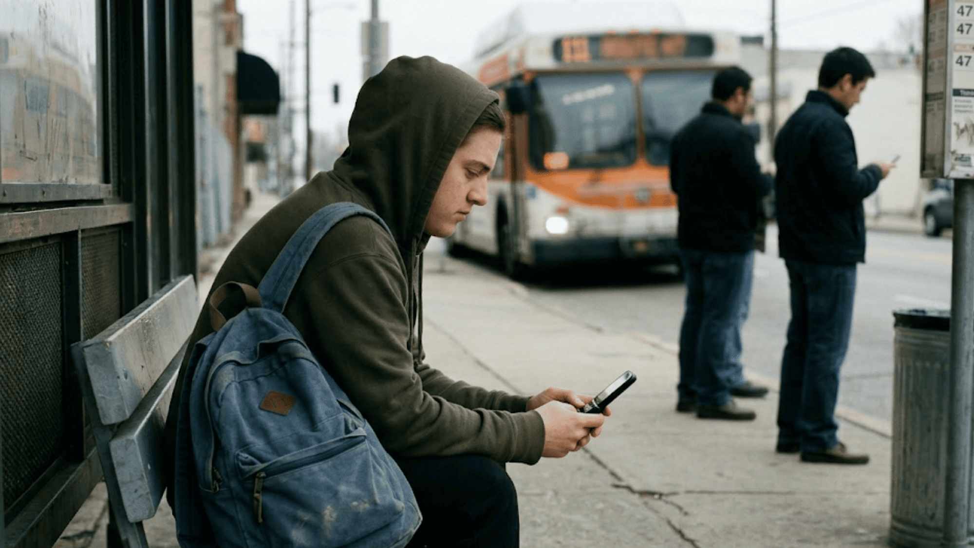 Young adult at an urban bus stop reading an emergency SMS notification on a basic phone after a behavioral health clinic closure