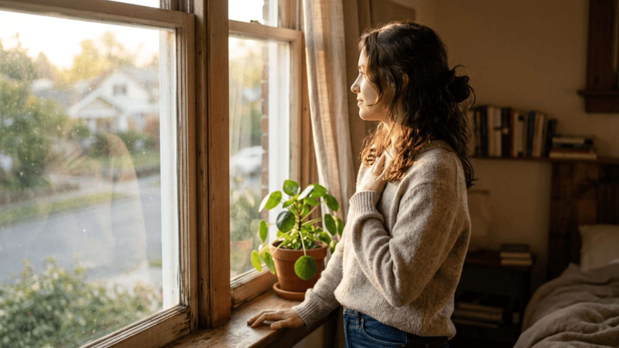 Person standing at a sunlit window feeling relief