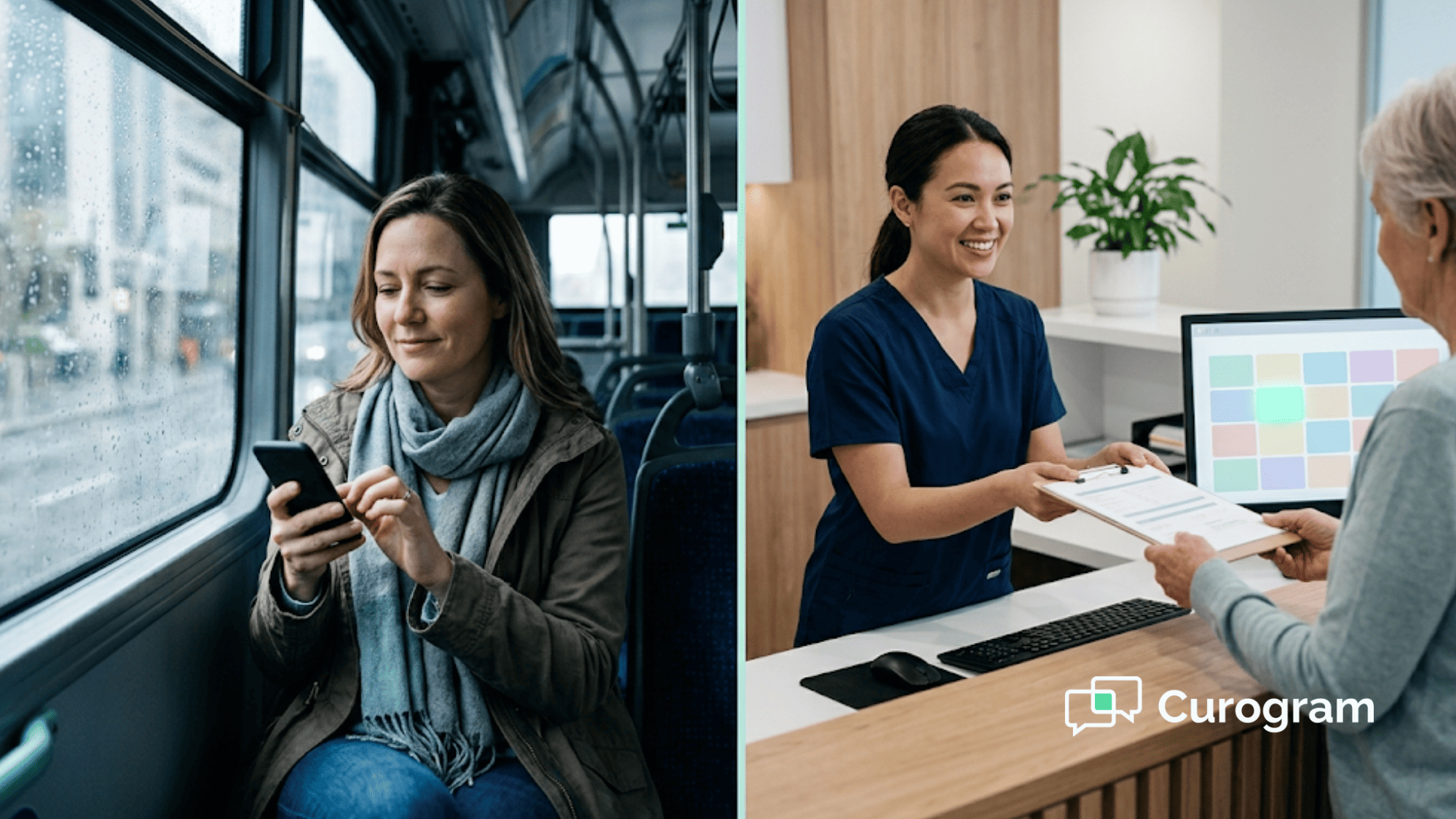 A patient replies to a text on a bus while her clinic's schedule updates to confirmed at the front desk