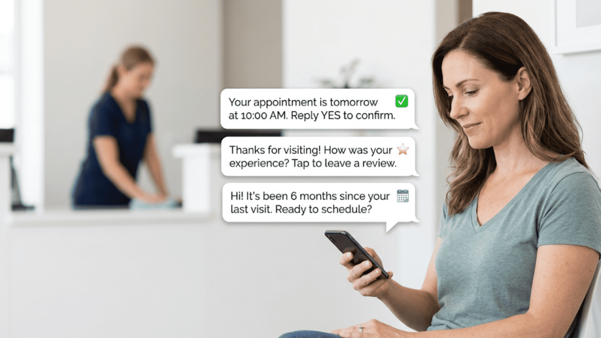 Patient sitting in a medical office waiting area looking at her phone with floating text notifications showing an appointment reminder review request and recall message