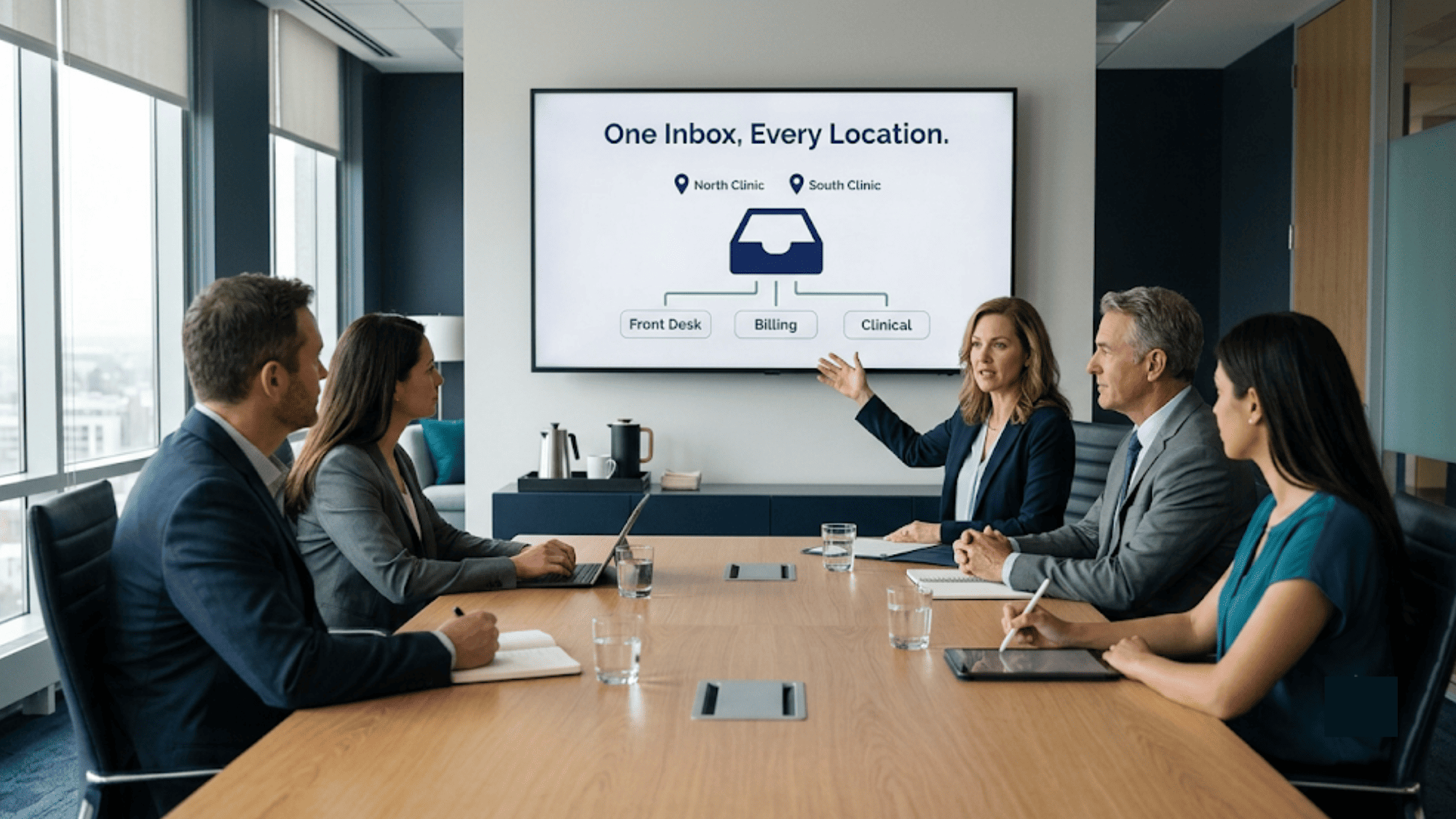 Practice leaders in a boardroom reviewing a projected patient texting routing diagram for multiple locations