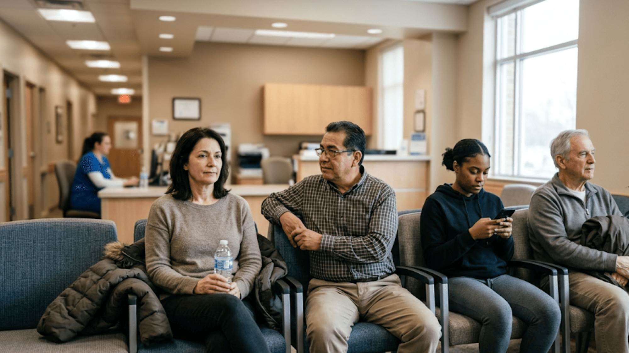 Patients waiting for imaging appointments in an outpatient radiology center waiting room
