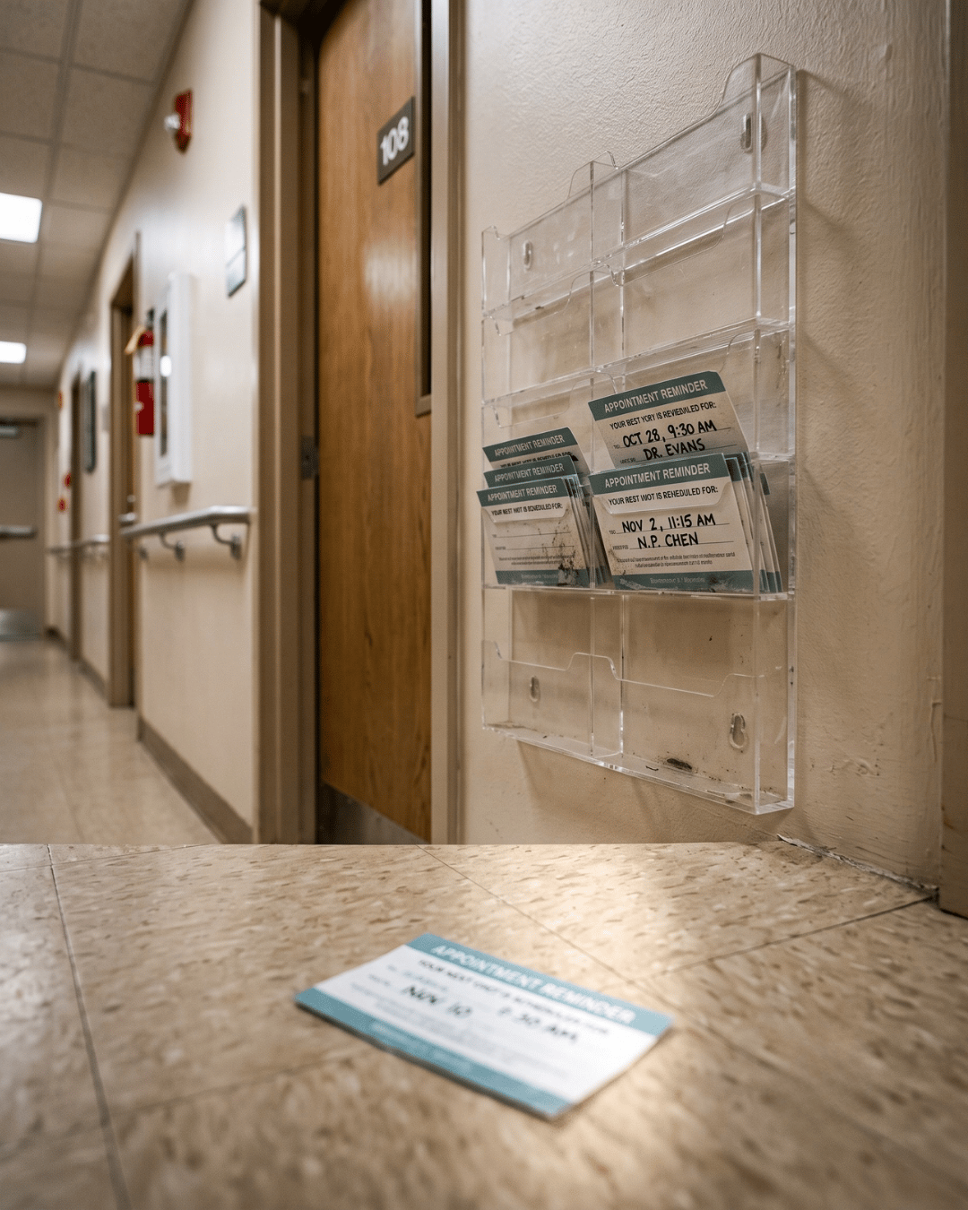 Uncollected appointment reminder cards illustrating missed patient appointments