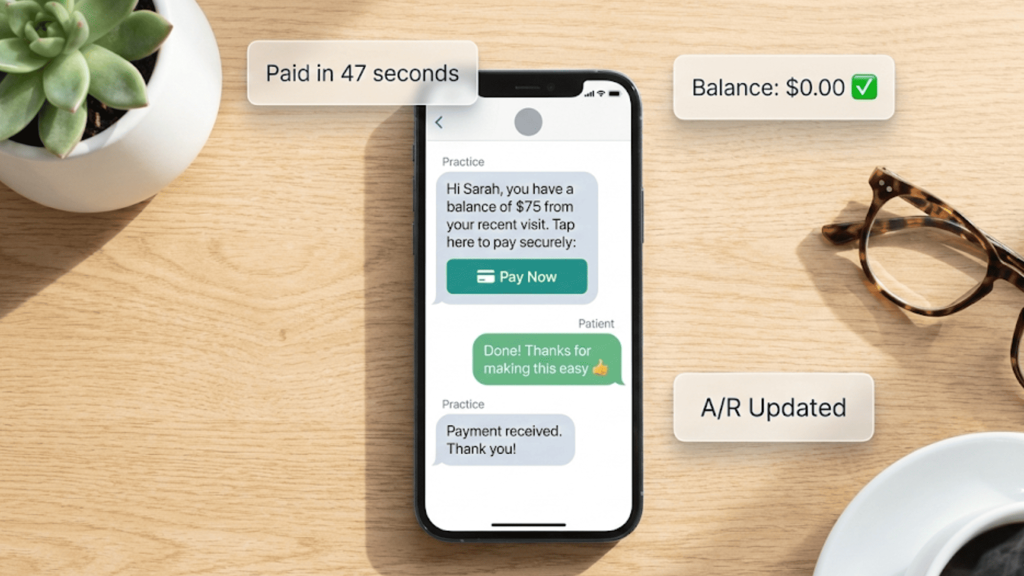 Smartphone displaying SMS payment conversation with patient confirming paid balance
