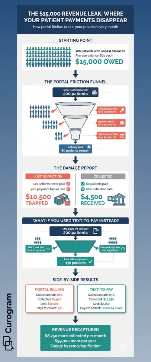 Infographic comparing patient payment collection rates between portal and SMS billing