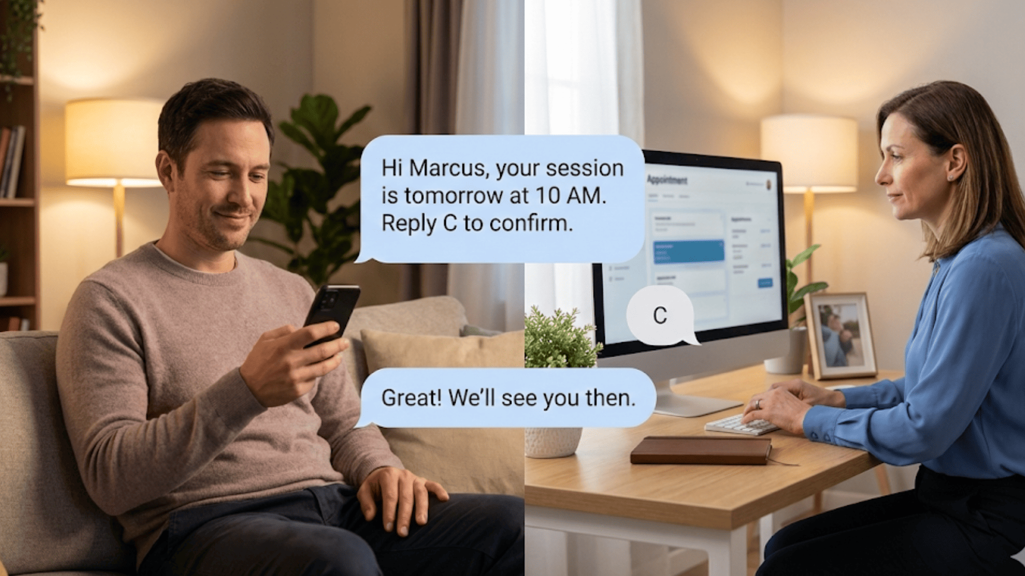 Patient and clinic staff connected through SMS conversation bubbles showing appointment confirmation