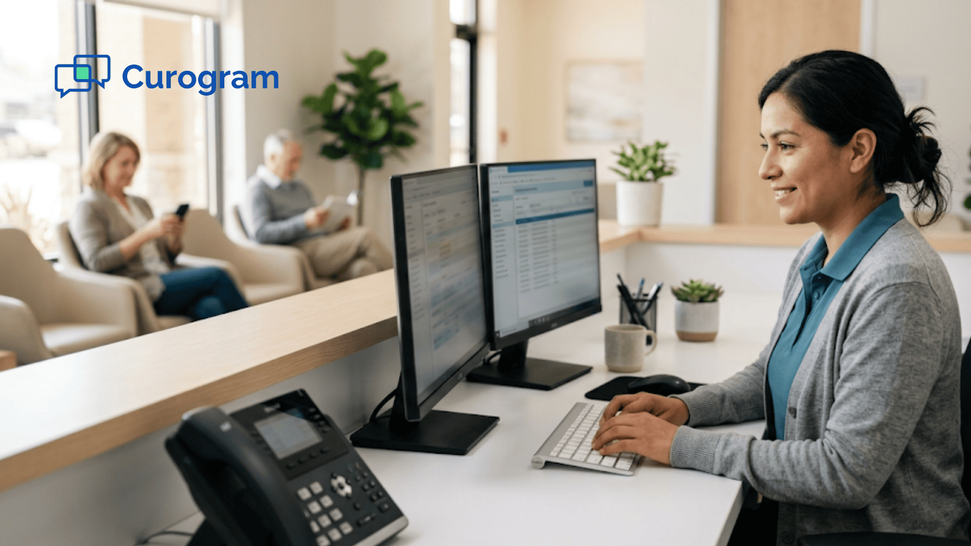 Relaxed medical front desk worker at modern primary care practice with quiet phone and waiting patients