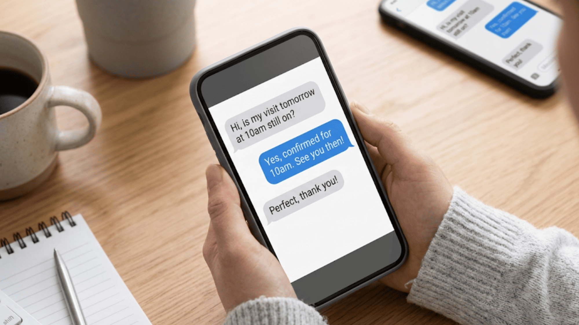 Curogram two-way texting chat between front desk staff and patient confirming a primary care visit