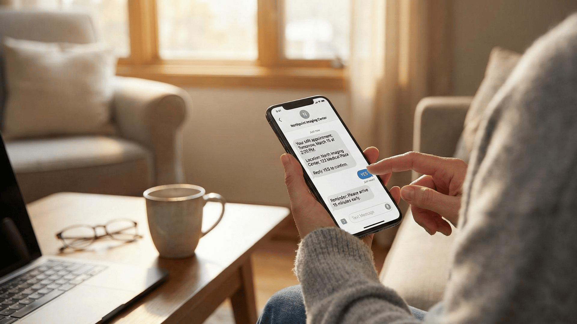 Patient confirming an imaging appointment via text message on smartphone at home