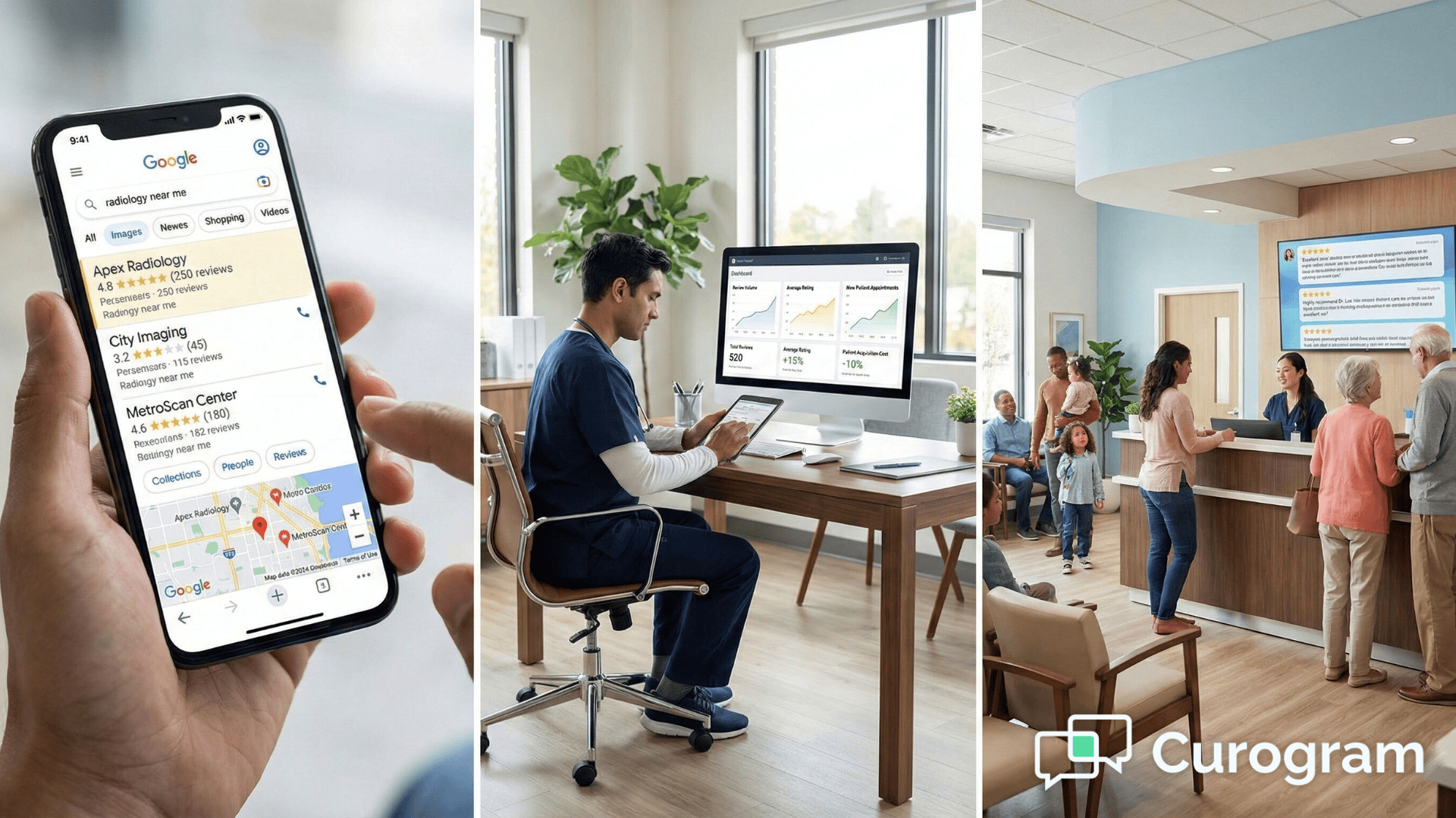 Healthcare professional reviewing online reputation analytics and patient acquisition data
