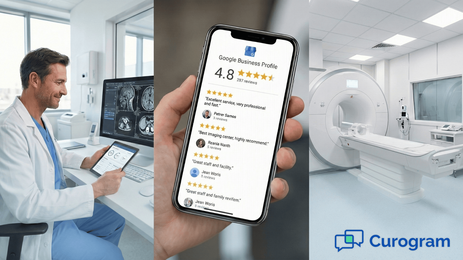 Imaging center staff reviewing online reputation management dashboard with patient reviews
