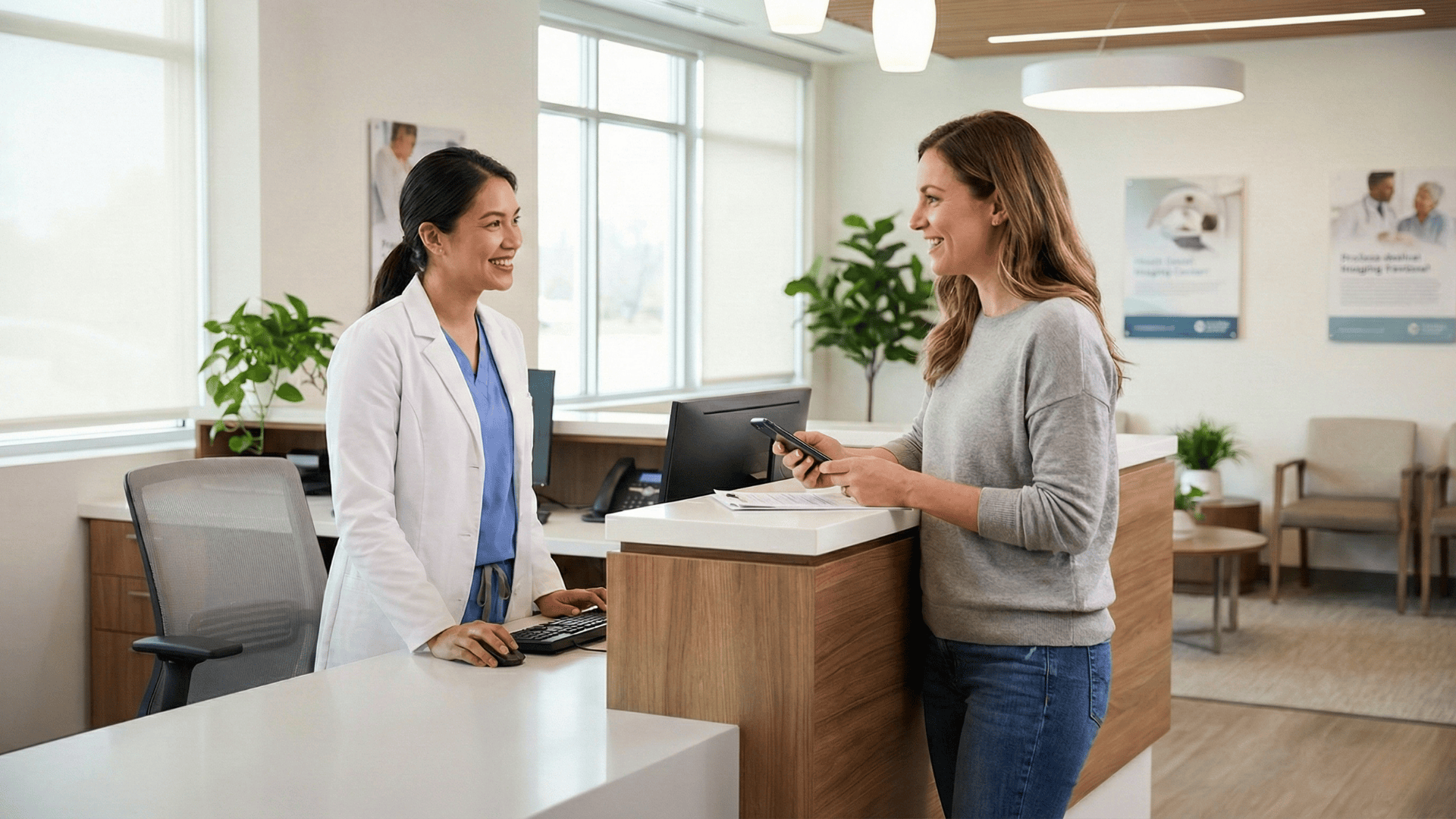 Front desk staff greeting patient at modern imaging center reception with friendly service