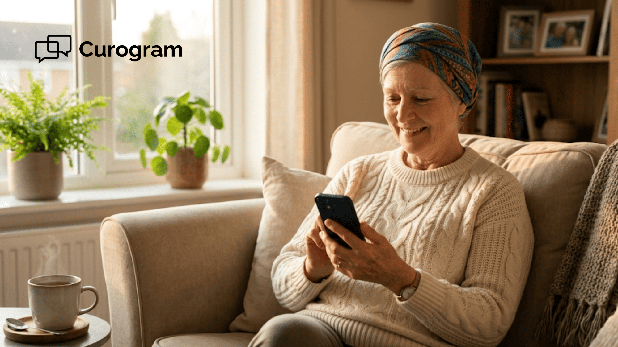 Older oncology patient in a headscarf smiling gently while reading a post-visit text message on her smartphone at home