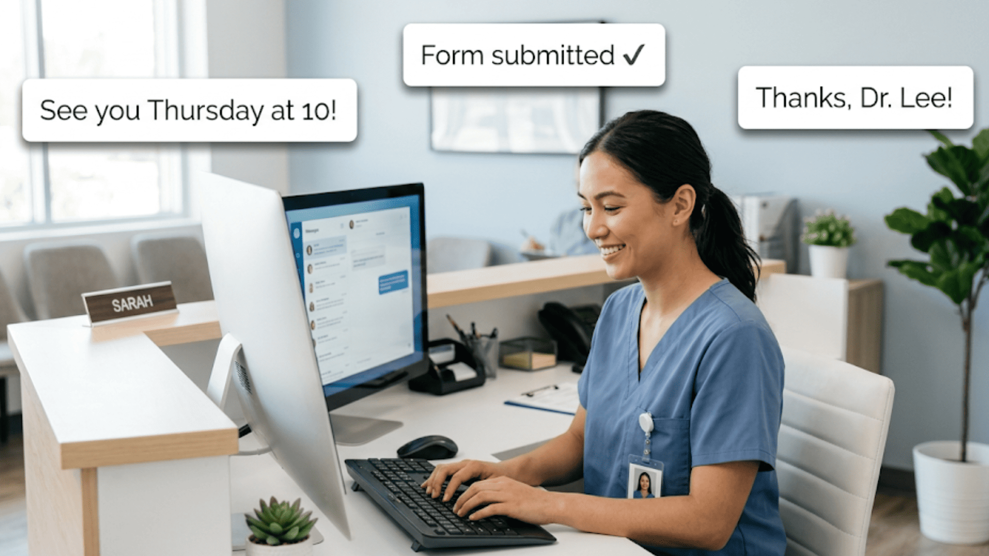 Front desk staff at a primary care office managing HIPAA-compliant two-way texting with Elation Health patients