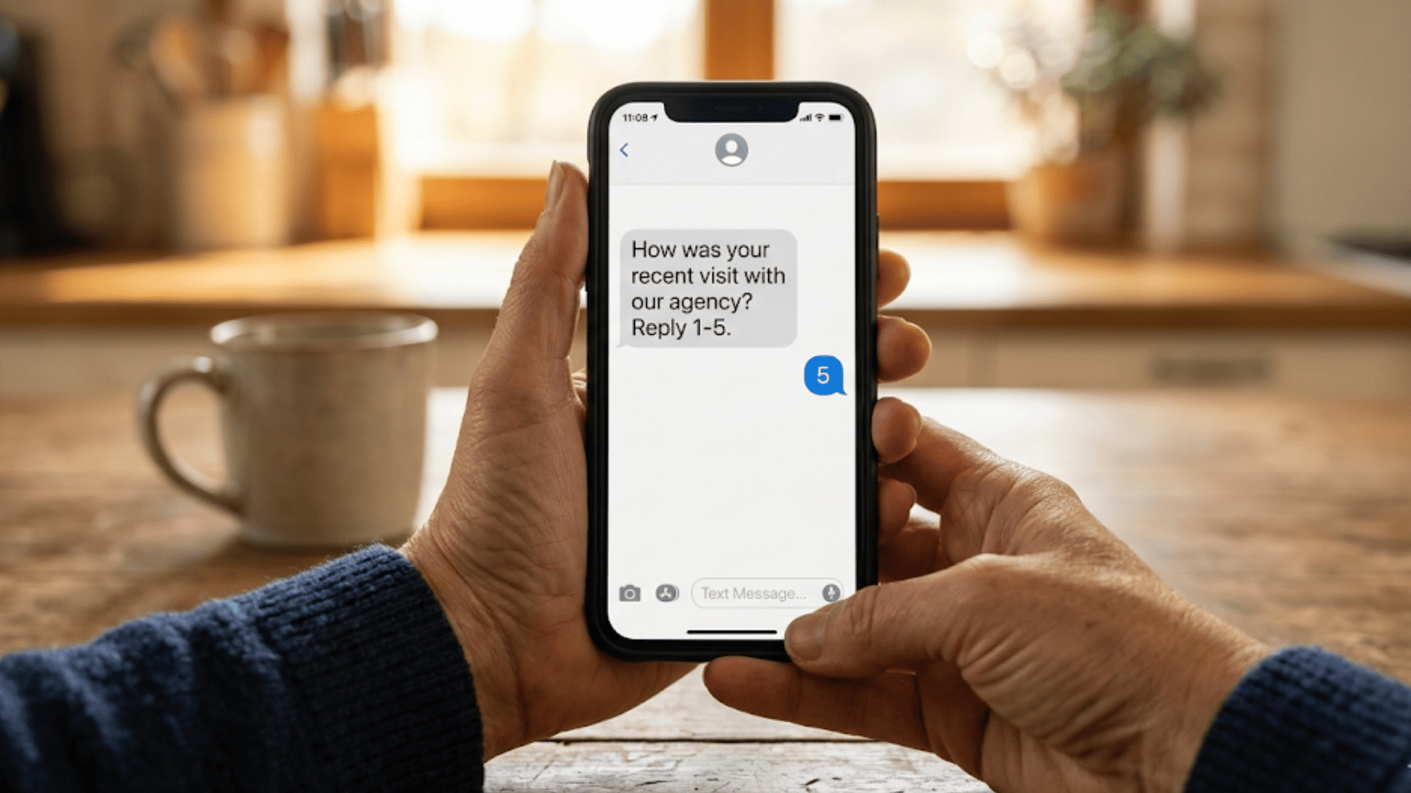 Client replying to an automated SMS satisfaction survey on their phone with a 5-star rating