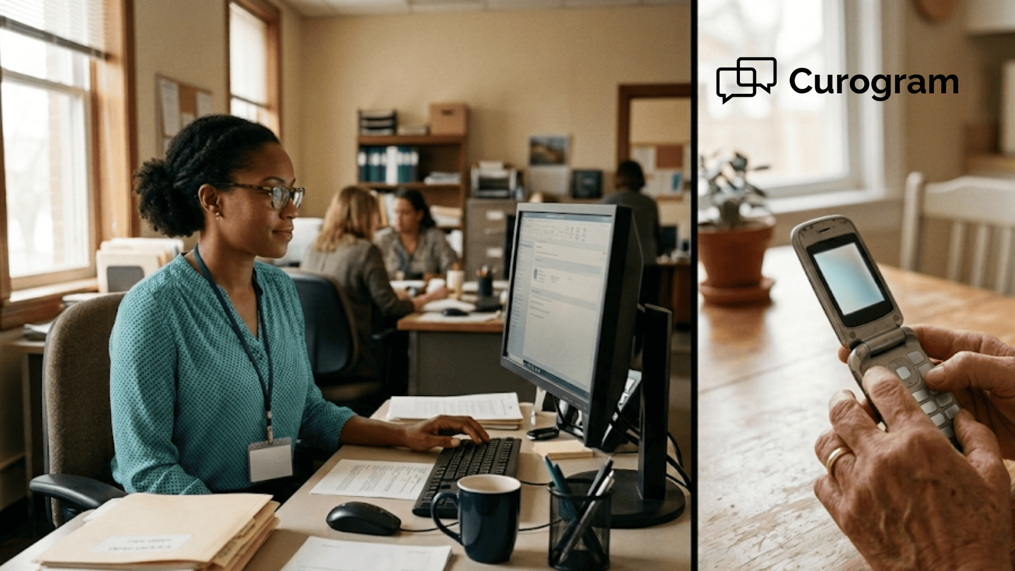 Case manager at county agency desk while client replies to text on phone