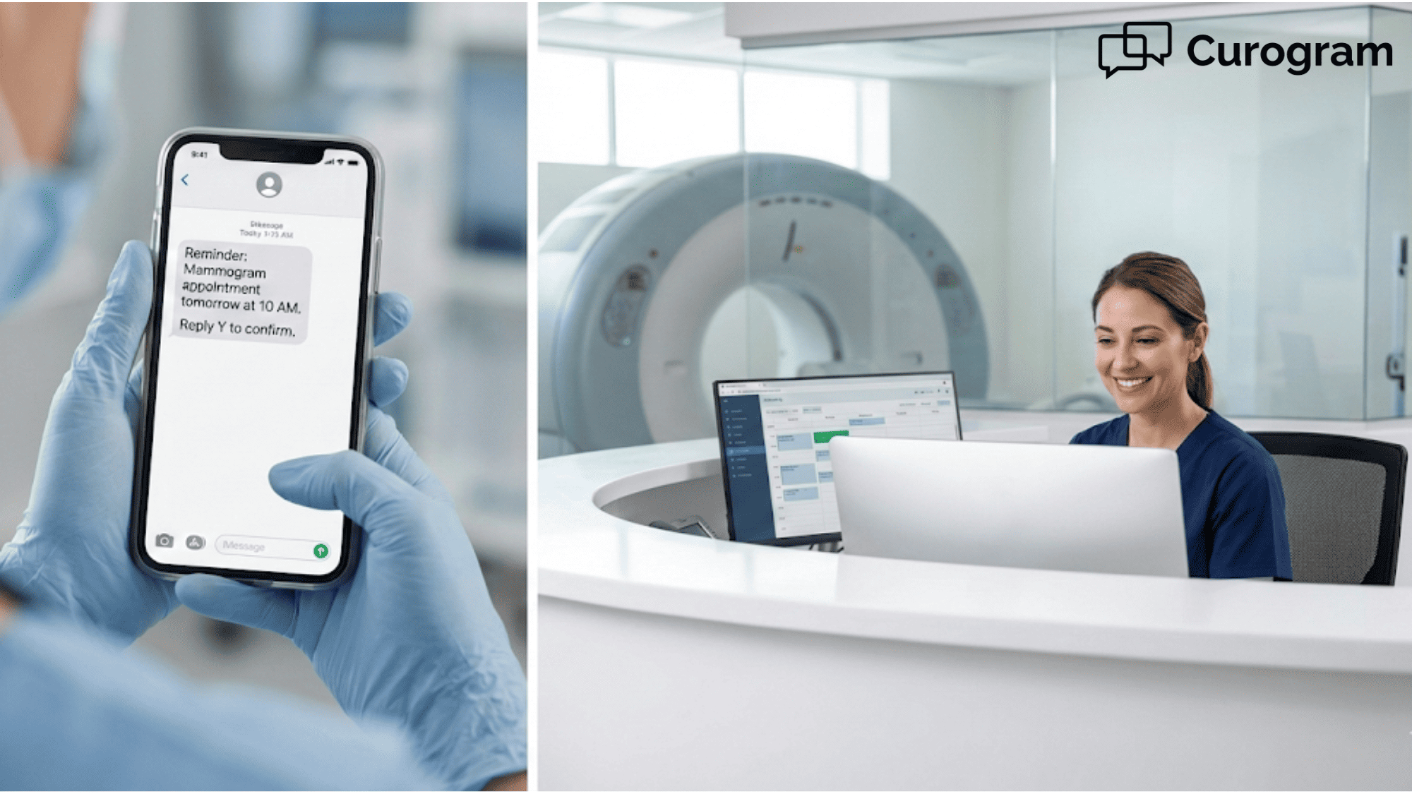 Radiology staff using mass texting to send patient appointment reminders in a modern imaging clinic