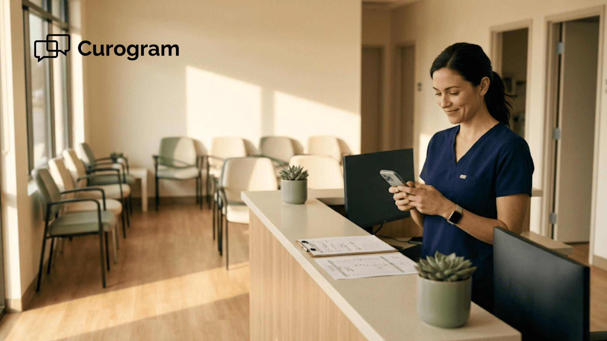 Front desk staffer at primary care practice reviewing patient recall texts on smartphone