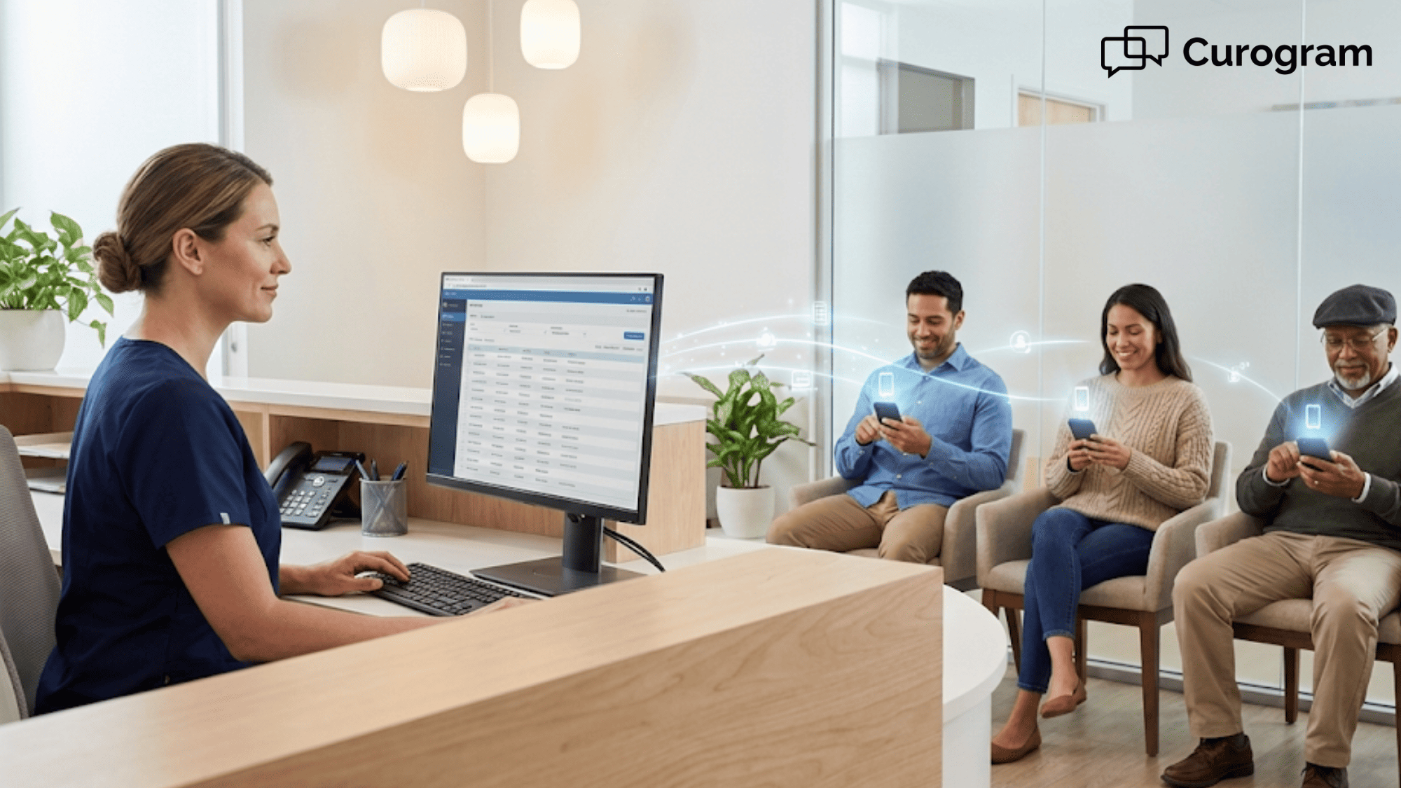 Medical office receptionist and patients using mobile phones for practice communication