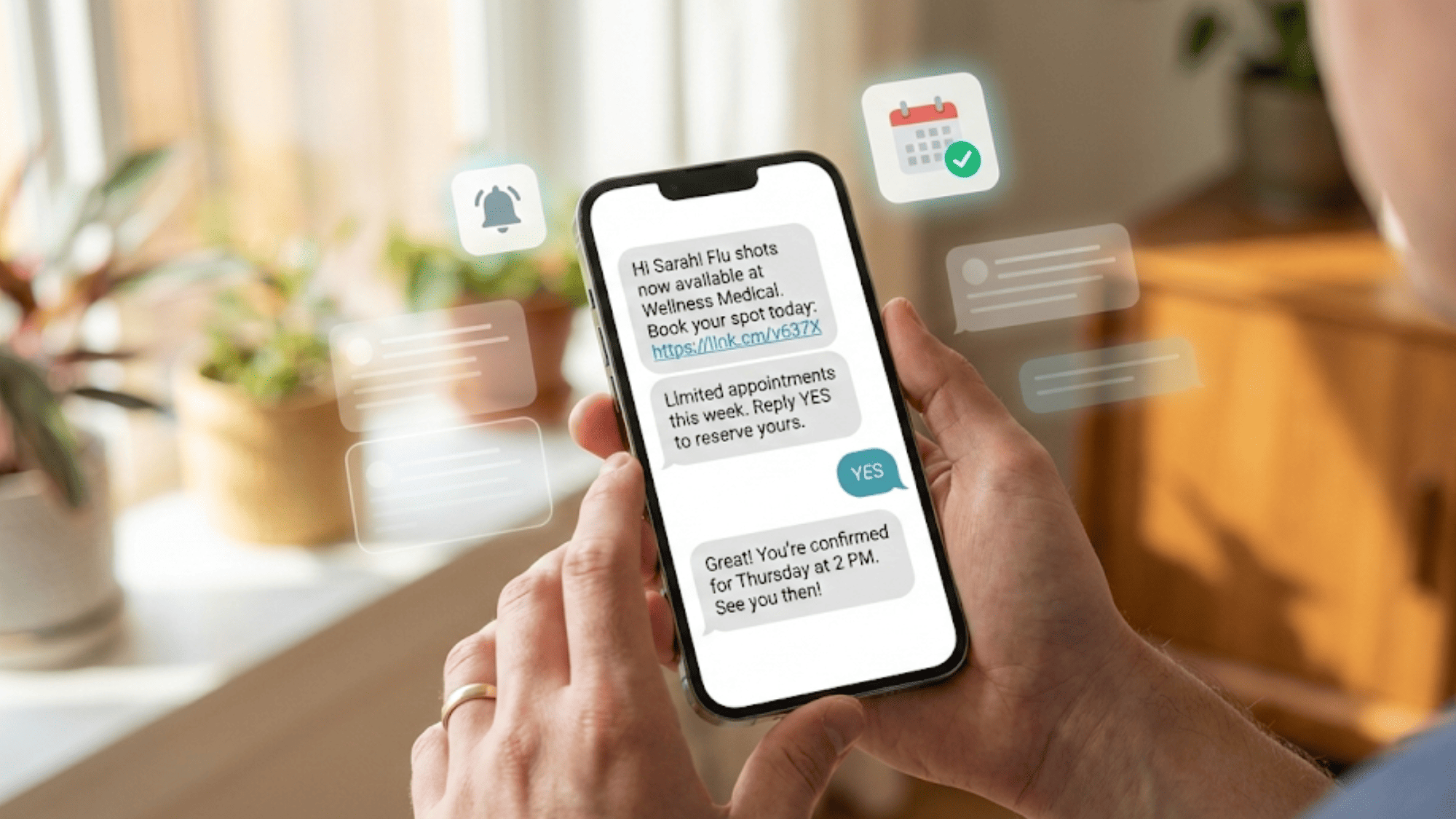 Close up of patient hands holding smartphone showing text conversation confirming flu shot appointment