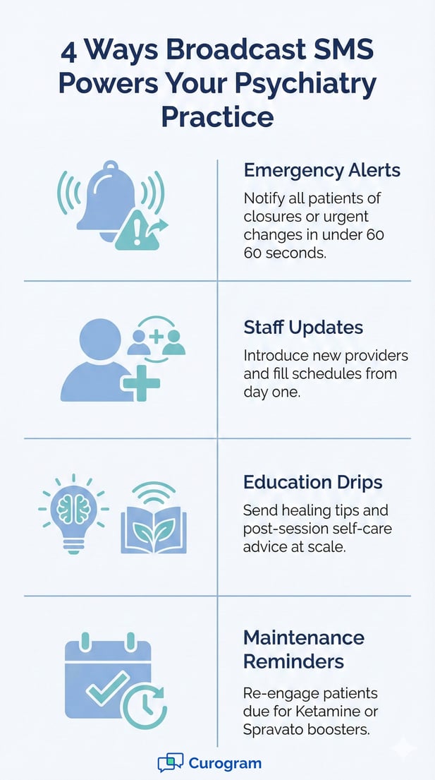 4 ways broadcast SMS powers psychiatry practices infographic with alerts and reminders