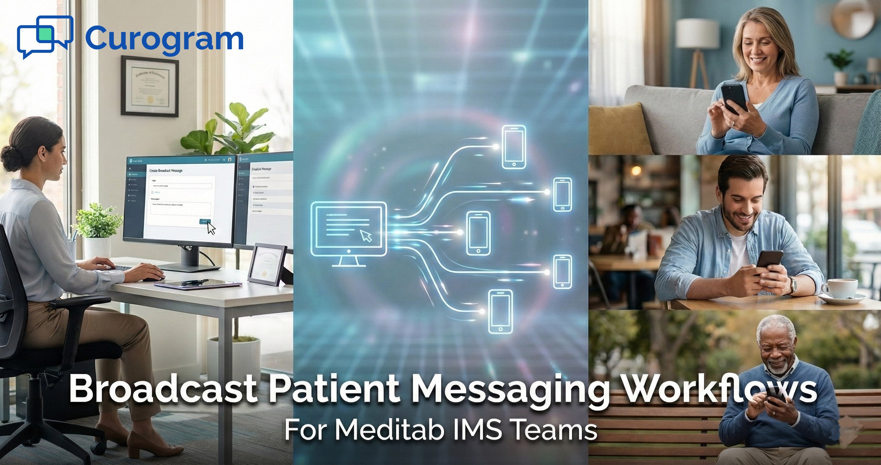 Blog banner illustrating broadcast patient messaging workflows for Meditab IMS teams
