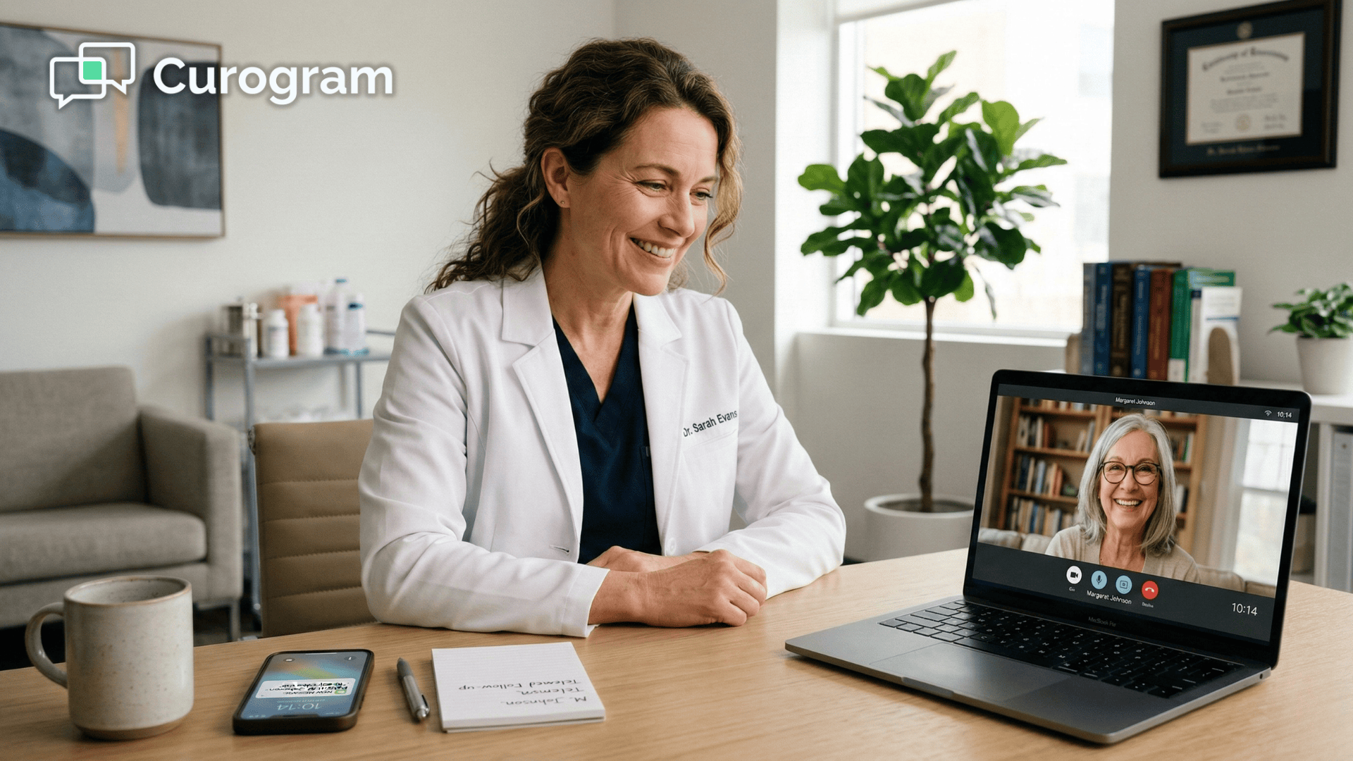 Doctor conducting a browser-based telemedicine visit with a patient on her laptop