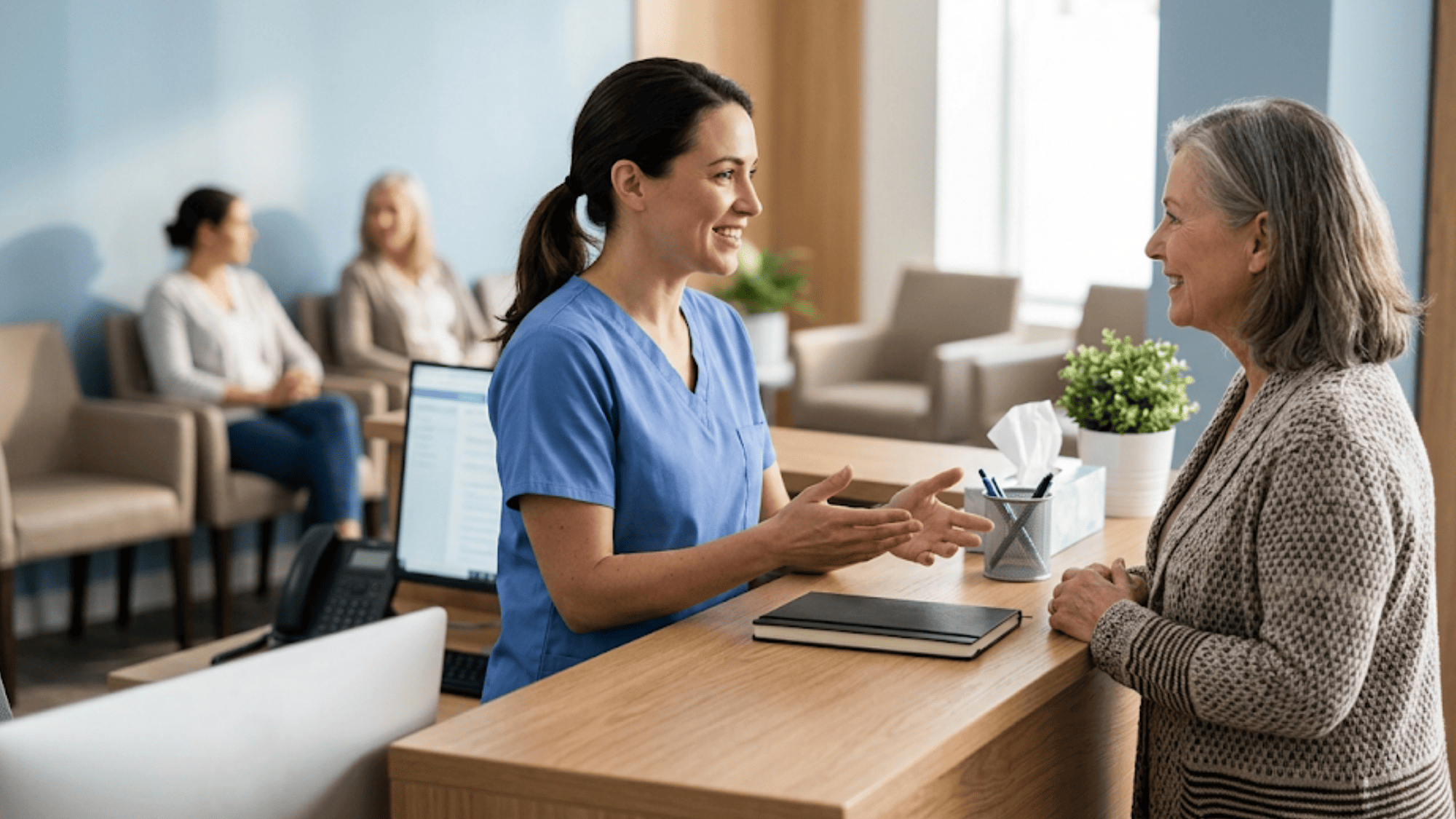 Medical receptionist greeting a patient instead of making manual confirmation calls
