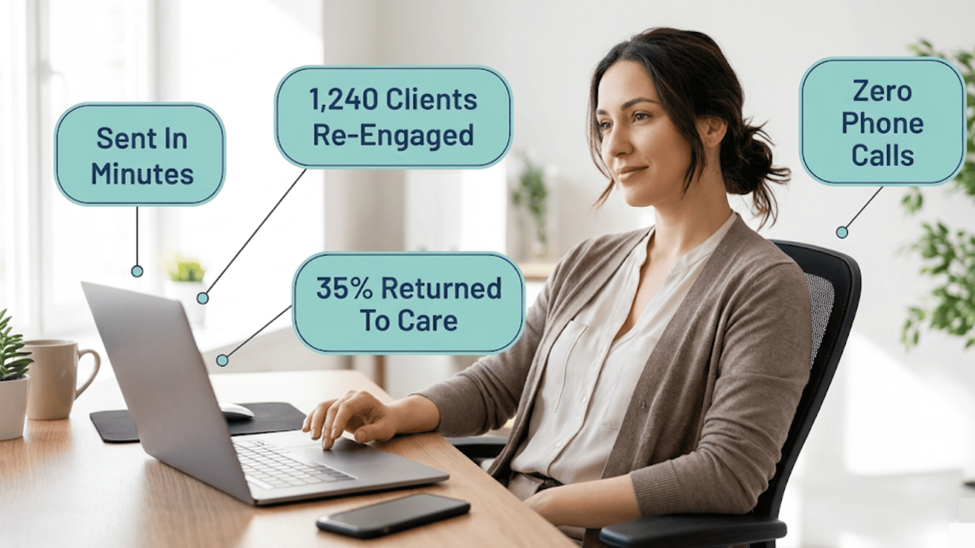 Agency staffer beside floating stats showing 1,240 clients re-engaged and 35% returned to care