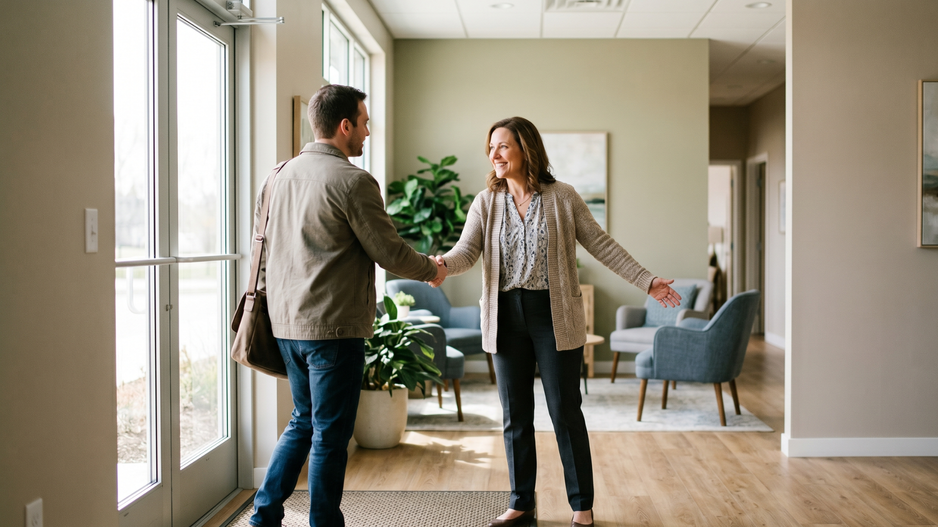 Behavioral health provider warmly greeting a new client at the practice entrance