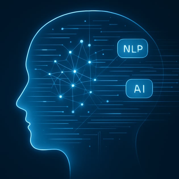 Abstract visualization of the core components of healthcare conversational AI, including NLP and machine learning.