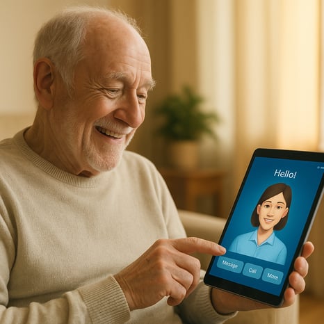 n elderly patient experiencing the benefits of conversational AI healthcare through a tablet at home, improving patient engagement.