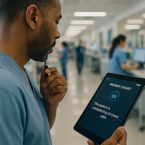 A clinician using a voice-powered healthcare conversational AI system for clinical documentation, a key use case in modern hospitals.