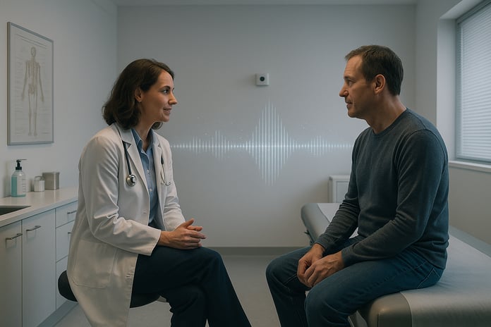 Ambient clinical intelligence in action, showing a conversational AI device capturing a patient-doctor conversation for automated documentation.