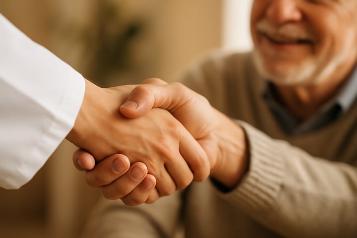 A close-up of a doctor and patient shaking hands, a powerful symbol for patient retention strategies that are built on a foundation of mutual trust and respect.