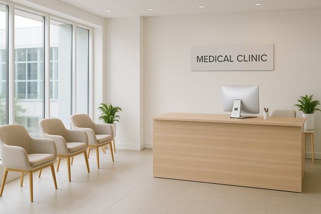 The clean, modern, and welcoming waiting room of a medical practice, showcasing an environment designed to increase patient retention through a positive in-office experience.
