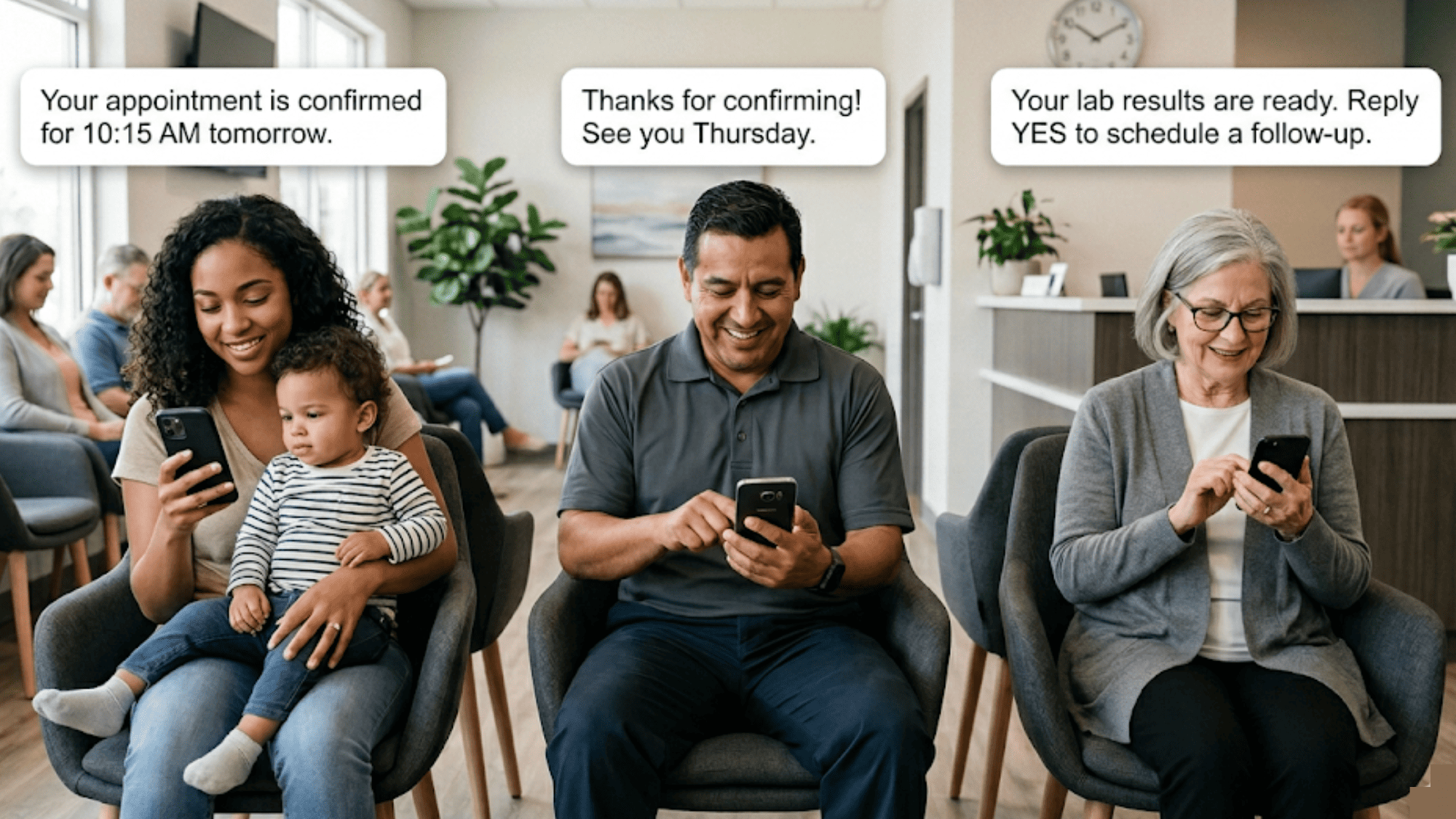 Patients in a medical clinic waiting room reading appointment confirmation text messages on their smartphones