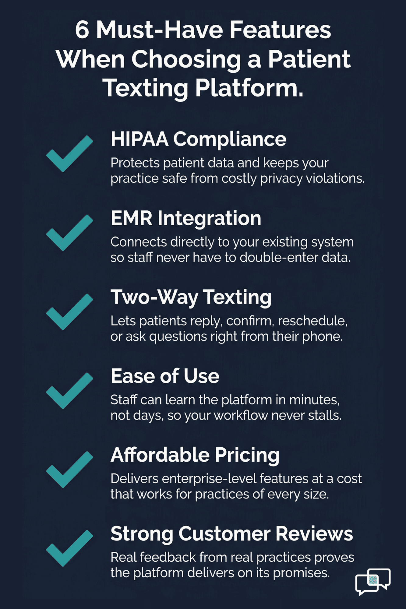 Six must-have features for choosing a healthcare communication platform displayed in a vertical checklist format
