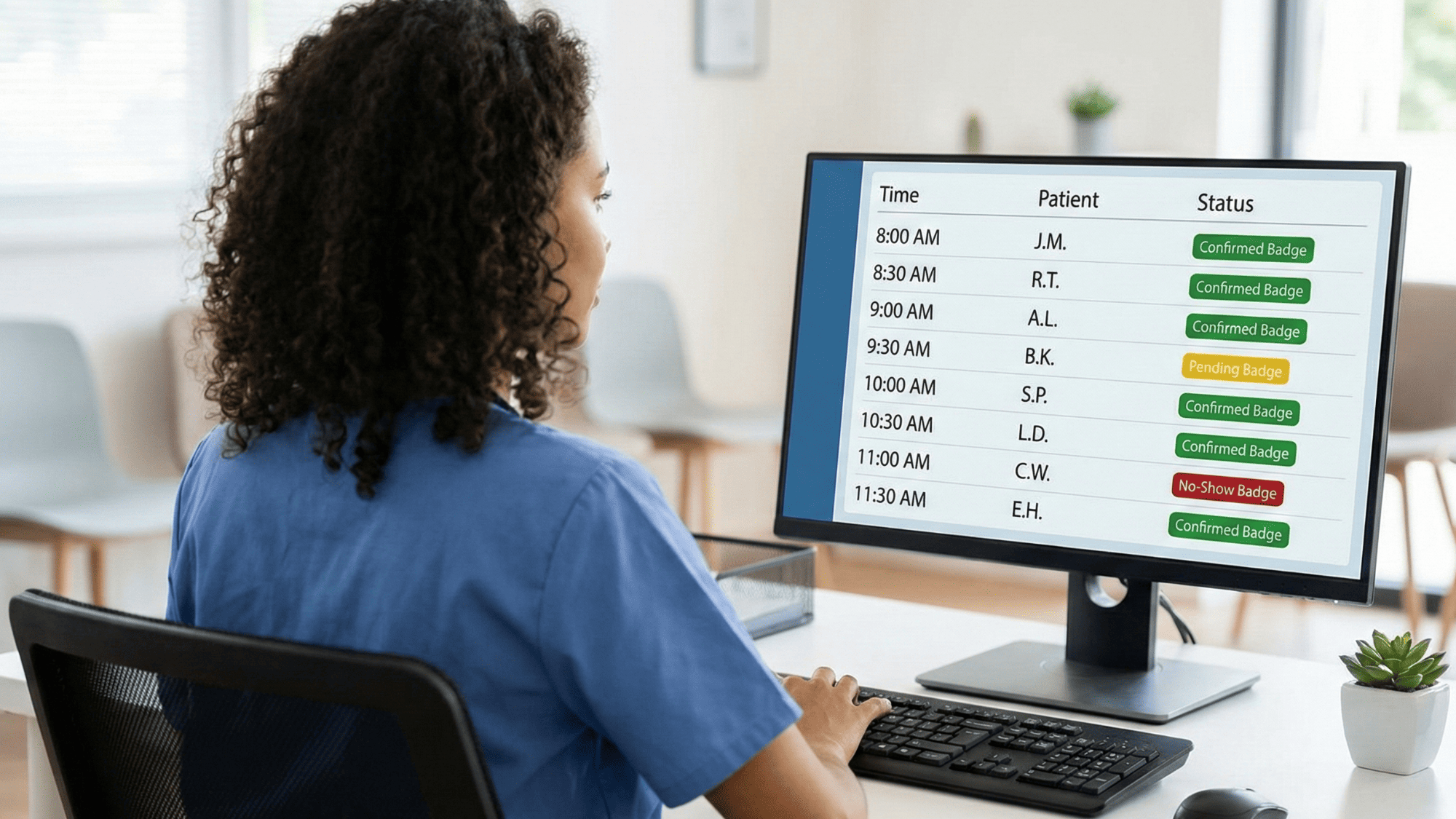 Medical receptionist viewing a daily appointment schedule with most patient slots confirmed via text reminders