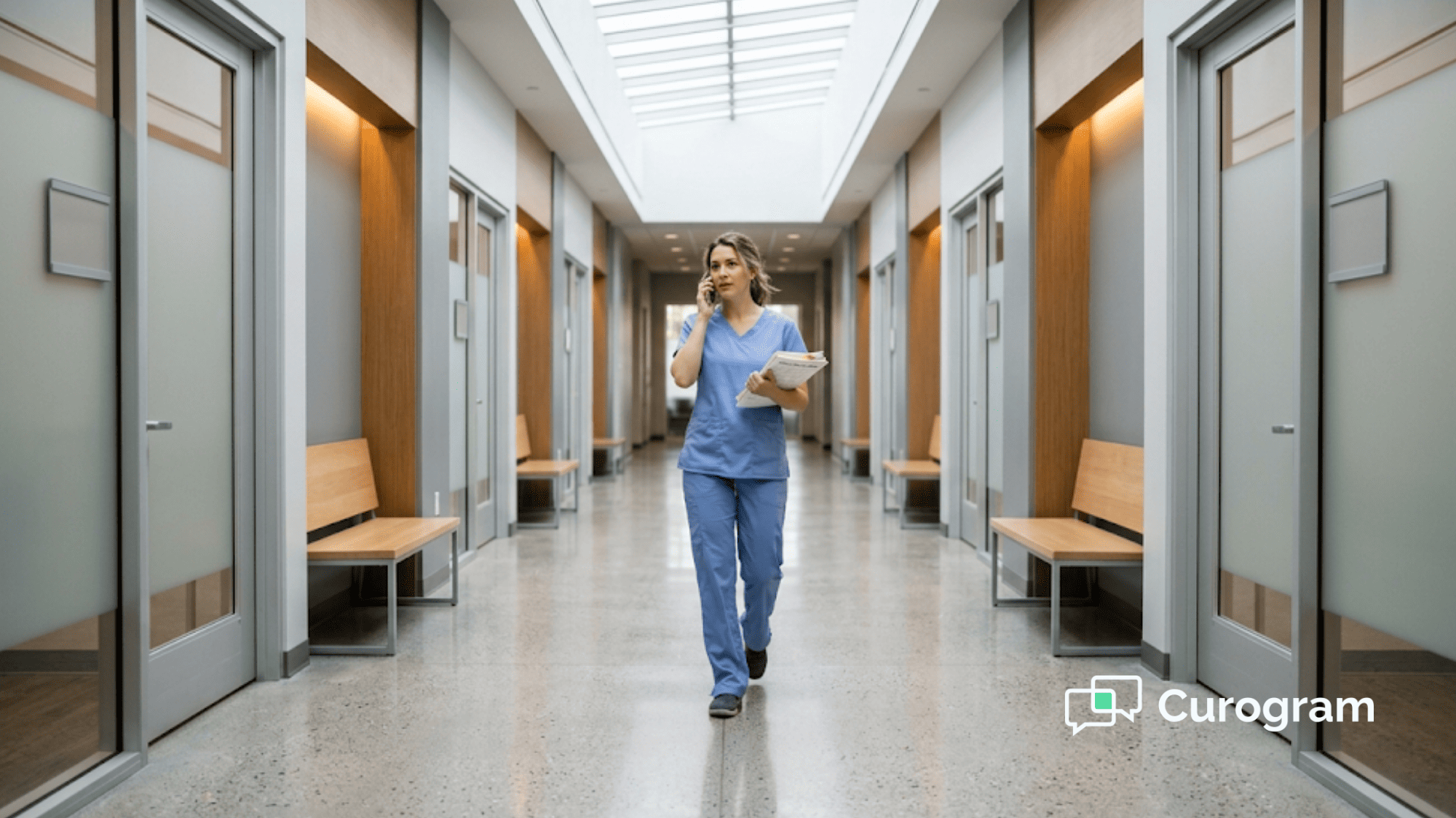 Front desk worker carrying phone messages between multi-location clinic suites