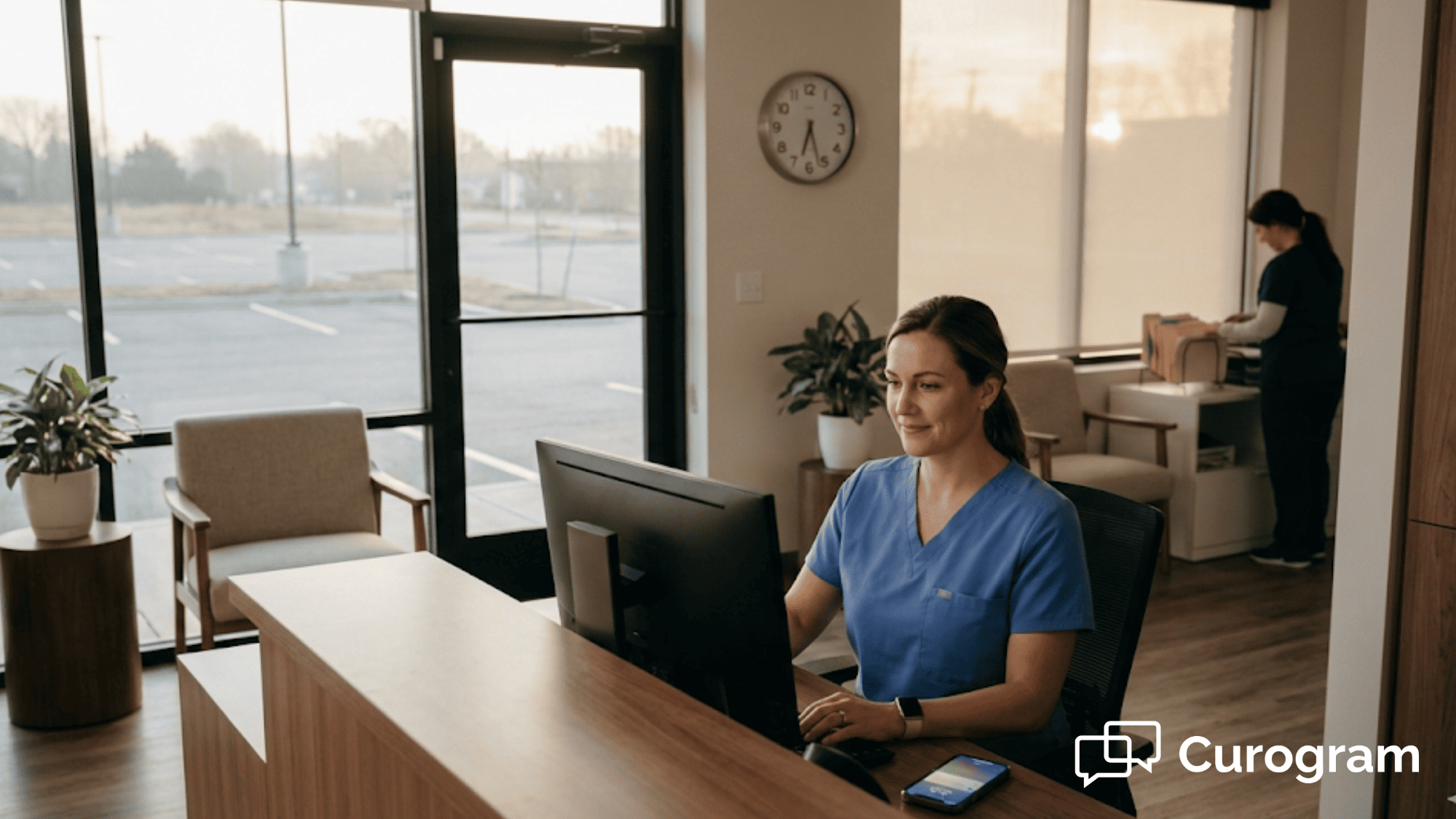 Healthcare staff member managing emergency clinic closure communication on early morning shift