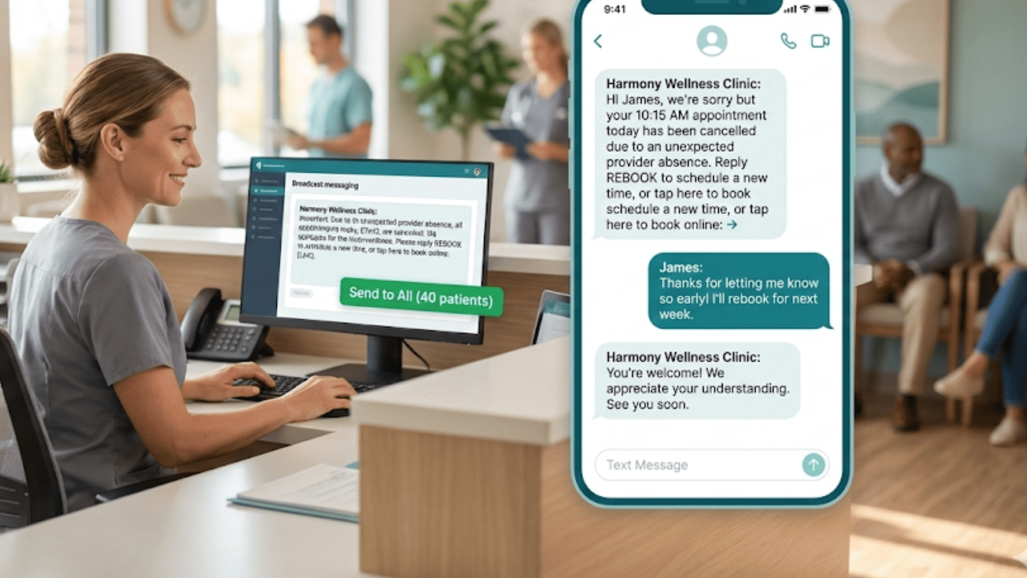 Front desk coordinator sending a bulk SMS cancellation alert to 40 patients at once using Curogram and Cerbo