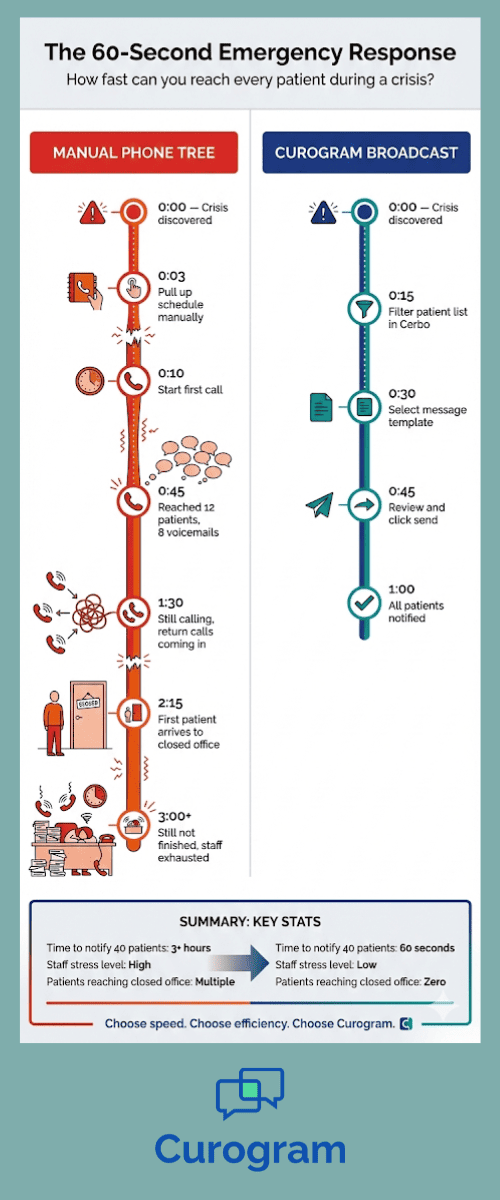 Infographic comparing 60-second Curogram broadcast alerts versus 3-hour manual phone tree for patient notification