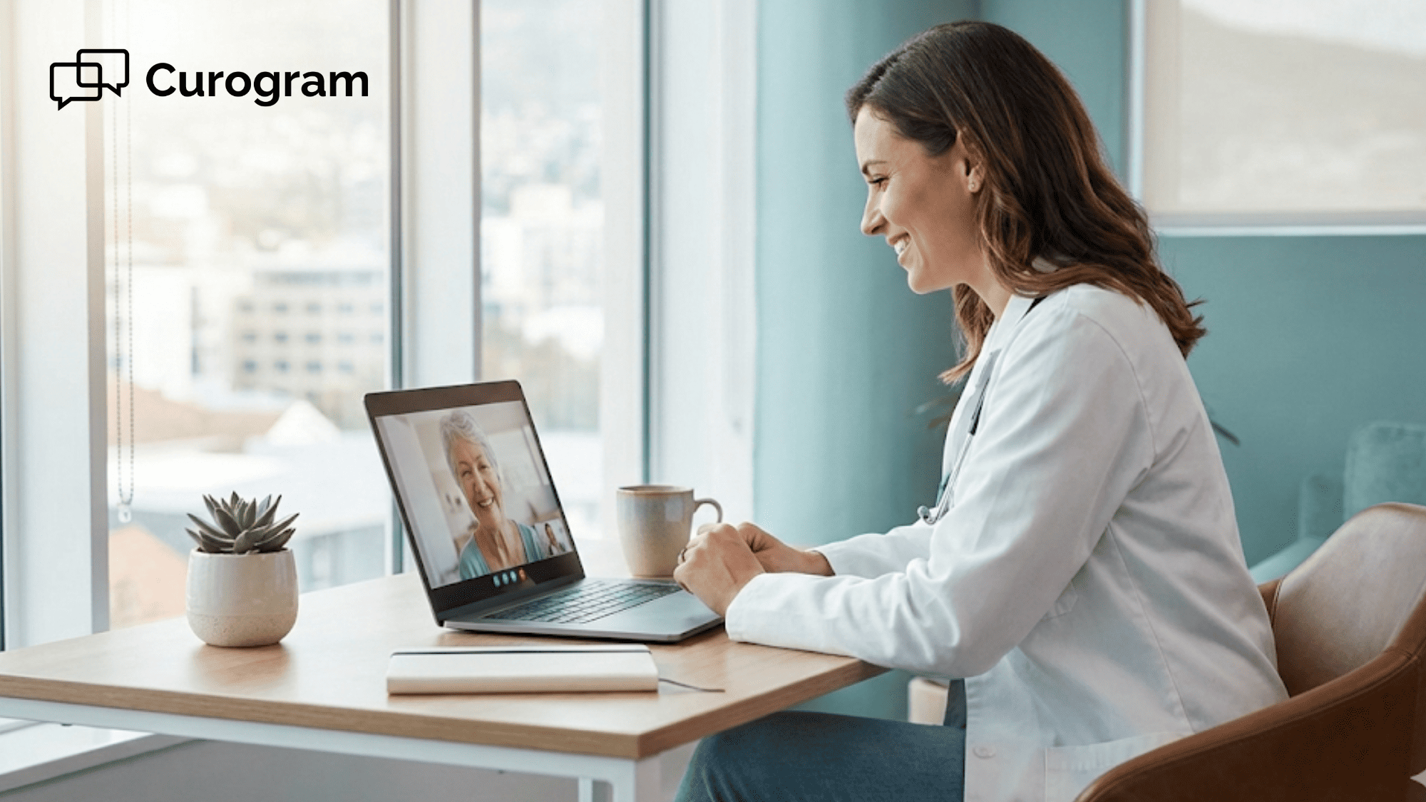 Healthcare provider doing video call with remote patient from clinic desk