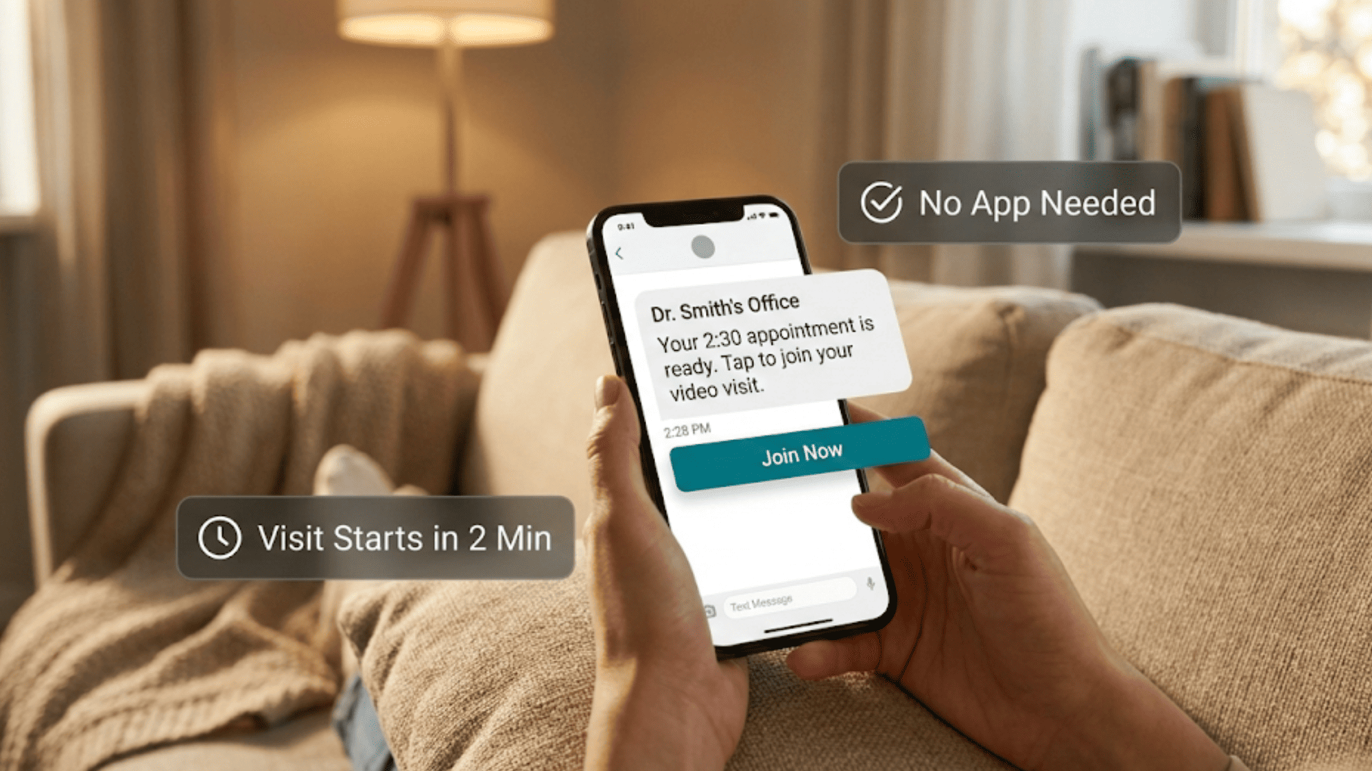 Patient receiving one-click telehealth video visit link via text message on phone
